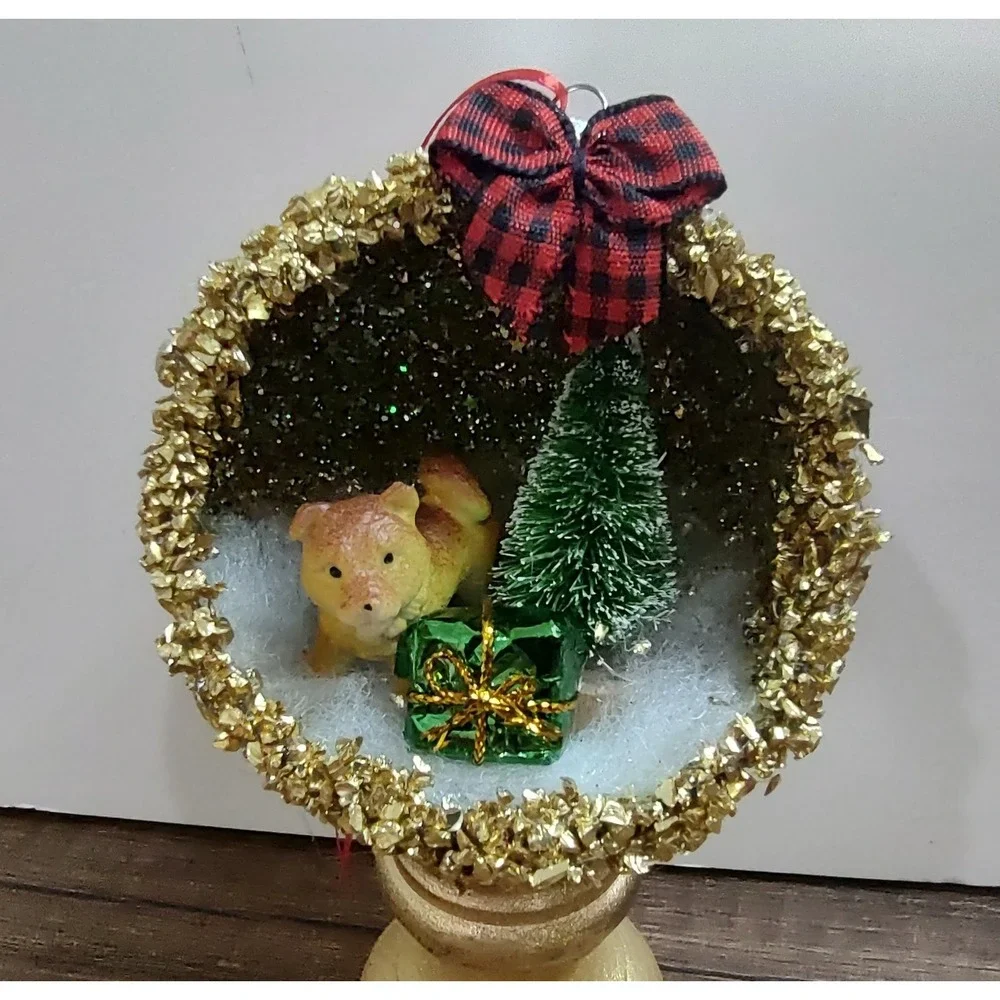 Dog Christmas Ornament Handmade Vtg Style OOAK Shatterproof Puppy Diorama O9